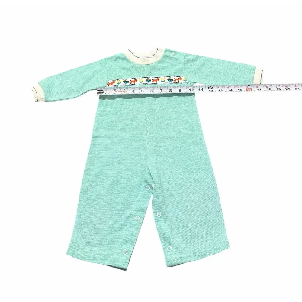 Vtg HealthTex Romper 70s 80s Zip Button 12M Boys Green Horse‎ Jumpsuit Retro